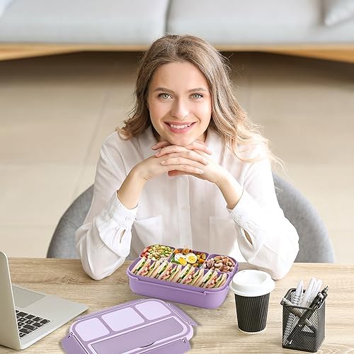 Bento Box Adult Lunch Box, Lunch Containers for Kids Girls Boys with 4 Compartments, Lunchable Food Container with Utensils, Sauce Jar, Muffin Liners, 40 Oz/5 Cup, Microwave Safe, Lavender