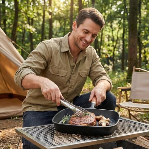 Cast Iron Grill Pan, 9 inch Griddle Pan Skillet with Wooden Handle, Kitchen Tong & Oil Brush included