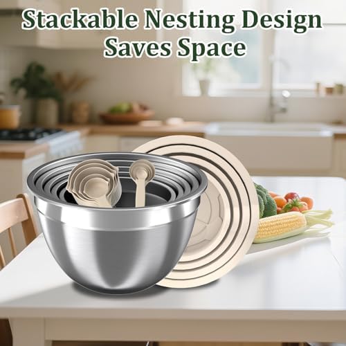 Mixing Bowls with Lids Set, 16PCS Stainless Steel Mixing Bowls,Nesting Storage Bowls for Kitchen with Mixing Bowls Set, Colander, Strainer & Grater , Metal Salad Bowl for Kitchen Gadgets , Cream