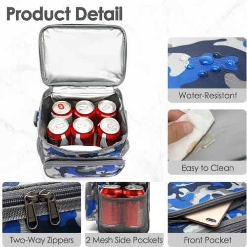 FlowFly Insulated Reusable Lunch Bag Adult Large Lunch Box for Women and Men with Adjustable Shoulder Strap,Front Zipper Pocket and Dual Large Mesh Side Pockets,BlueCamo