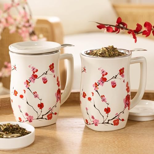 Tea Forte Ceramic Fiore Tea Cup with Infuser, Sakura, 14 oz
