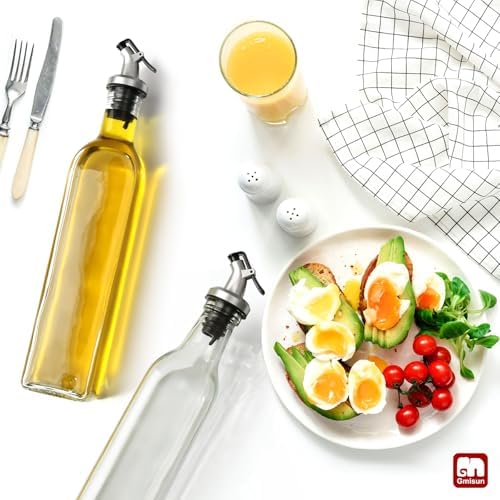 gmisun Olive Oil Dispenser Bottle for Kitchen, 4 Pack 17 Fl Oz Glass Oil Dispensers Bottles, Clear Cooking Vegetable Oil Dispenser Container Cruet Set with Plastic Pourer Spout, Funnel and Labels