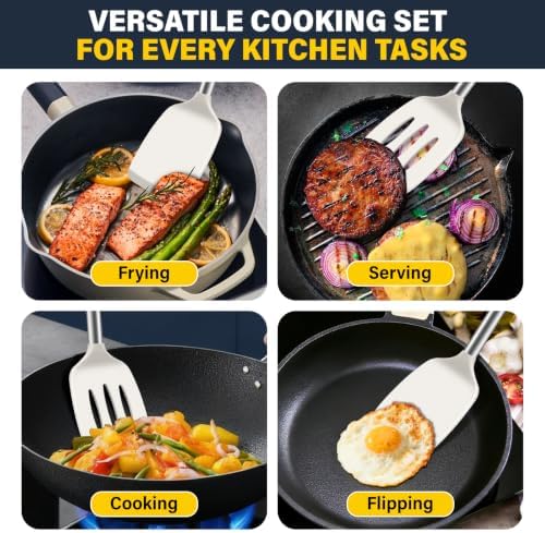 2 Pack Silicone Spatula Set, Solid & Slotted Turner for Non-Stick Pans, High Heat Resistant Silicone Spatula for Cooking, BPA-Free Stainless Steel Cooking Utensils for Fish, Eggs, Pancakes, Beige