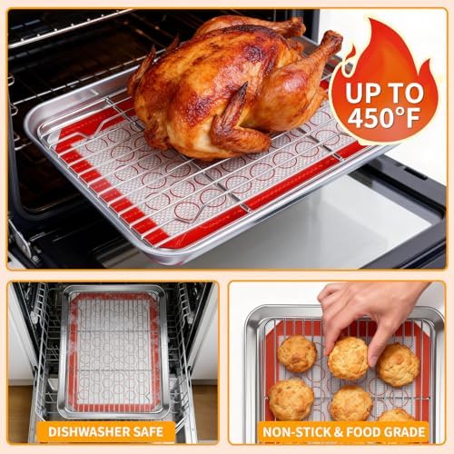 Baking Sheet Pan Set of 12, CEKEE Stainless Steel Cookie Sheets for Baking with Cooling Rack Silicone Baking Mat, Small/Quarter/Jelly Roll Pan, 9/10/12/16 Inch, Heavy Duty & Non Toxic & Easy Clean