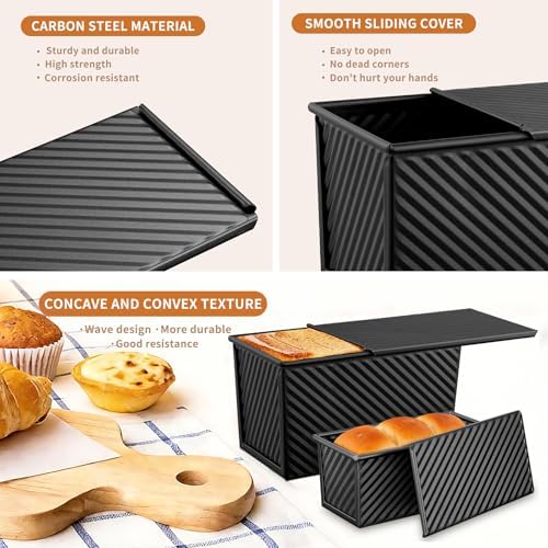 3 Pack Pullman Loaf Pan with Lids, Non-Stick Bread Loaf Pan, Heavy Duty Carbon Steel Corrugated Toast Box for Baking, Square Bread Pans for Homemade Sandwich, Bakeware (Black)