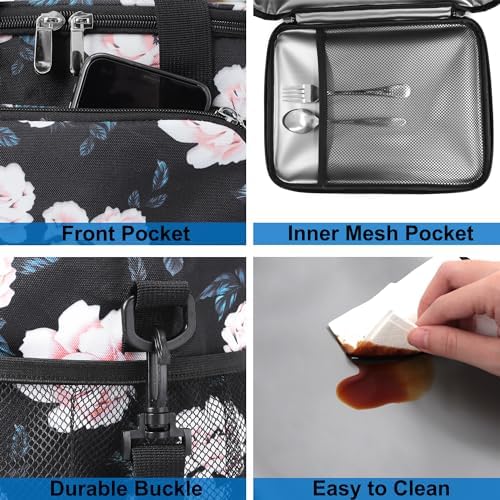 Femuar Lunch Bags for Women/Men, Insulated Lunch Bag for Work Office - Lunch Cooler Bag Leakproof Lunch Box with Adjustable Shoulder Strap - Pink flower