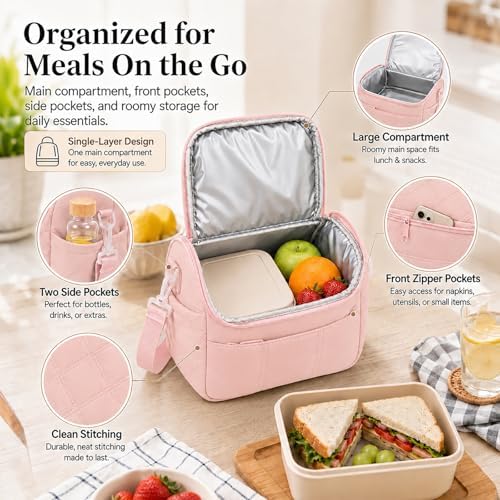 Lunch Bag for Women Insulated Pink Lunch Box Quilted Puffer Lunch Tote