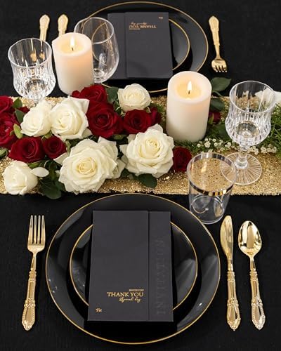Nervure 100PCS Black and Gold Plastic Plates 10.25″Disposable Dinner Plate