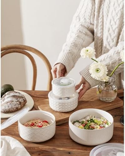 Serving Bowls with Lids, Ceramic Mixing Bowls Set of 4, Off-White