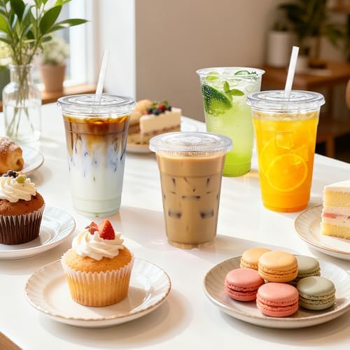12oz Clear Plastic Cups with Lids and Straws 100 Pack