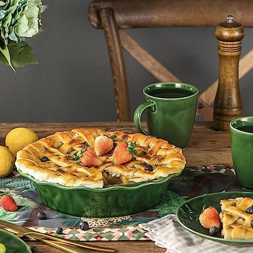 Vicrays Ceramic Pie Pan - 9 Inch Round Fluted and Deep Pie Dish for Tart Pizza Quiche Pot Pies Cake - Reactive Glaze (Green)