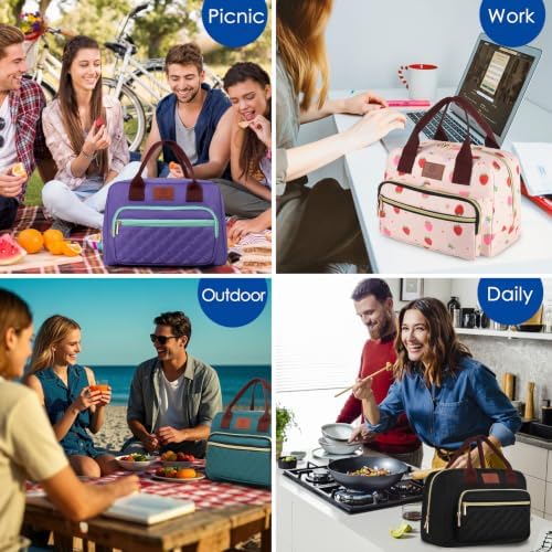 Insulated Lunch box for Women,Leakproof Quilted Thermal Lunch Bag, 14L Large Capacity Lunch Tote Bag Lightweight LunchBox Cooler for Work, School, Picnic or Travel with 2 Front Pocket-Strawberry