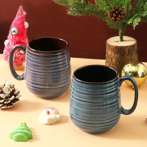 HASENSE Ceramic Coffee Mug Set, 20 Oz Tea Cups for Women and Men, Premium Large Latte Mugs with Handle, Gift Cup with Coaster & Gold Spoon for Couples, Blue & Purple