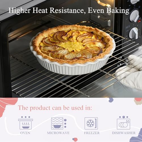 Miicol White Ceramic Pie Pan, 50 oz Ripple Edge Deep Baking Dish, 9 Inch Round Ceramic Pie Plate, Suitable for Quiche, Apple Pie, Meat Pie, Ideal Gift for Baking Lovers