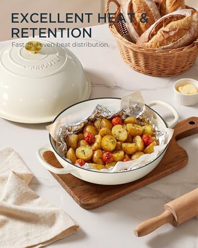 Enameled Cast Iron Bread Oven, 6QT Cast Iron Dutch Oven for Homemade Sourdough Bread Baking, Round Bread Pot with Dome Lid & Cotton Potholders, Cream White