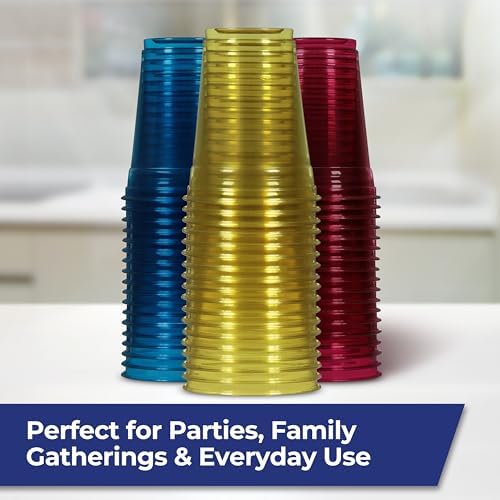 Hefty Party Perfect Tinted Plastic Cups, Red, Blue, Yellow, 18oz, 54ct