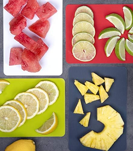 Dexas Heavy Duty Cutting Board Grippmat, Flexible Cutting Boards for Kitchen, Set of 4, Non Slip Plastic Board Cutting Mat 5.5 by 8 Inches Gray, Red, White and Green Set, Kitchen Gadgets