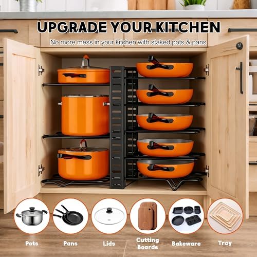 Pots and Pans Organizer Rack under Cabinet 15.7 Height, 8 Tiers Adjustable Pot Pan Rack with Adjustable Pot Rack for Frying Pan, Cast Iron Skillet, Black