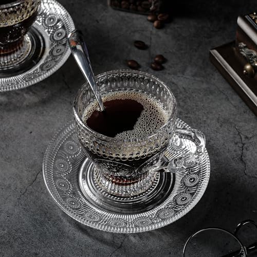 Glass Teacups and Saucers Set of 6, Vintage Coffee Mugs with Stainless Steel Spoon, Dishwasher & Microwave Safe Teacups for Espresso Cappuccino Latte Tea Juice, 7OZ/210ML, Clear
