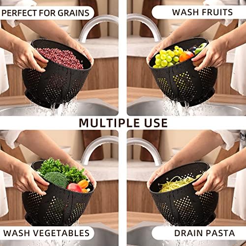 Metal Colander with Wood Handle and Stable Base, Powder Coated Steel Kitchen Strainer Basket for Draining Pasta, Vegetable and fruit(3quart,Matte Black)