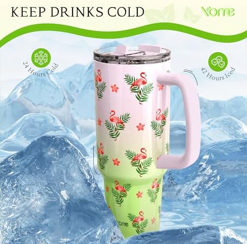 YOME 40 oz Flamingo Tumbler with Handle and Flip Straw for Women | Stainless Steel Insulated Water Bottle | Keeps Drinks Cold | Dishwasher Safe | Cupholder Friendly | Gift Gym Travel Yoga