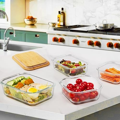 Vtopmart 4 Pack Glass Food Storage Containers with Bamboo Lids Meal Prep