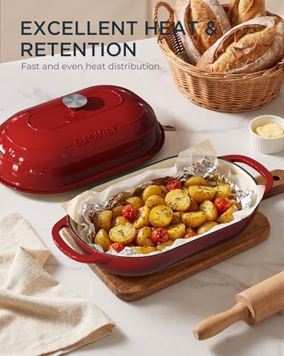 Enameled Cast Iron Bread Oven, 5QT Cast Iron Dutch Oven for Homemade Sourdough Bread Baking, Oval Bread Pot with Dome Lid & Cotton Potholders, Cherry Red