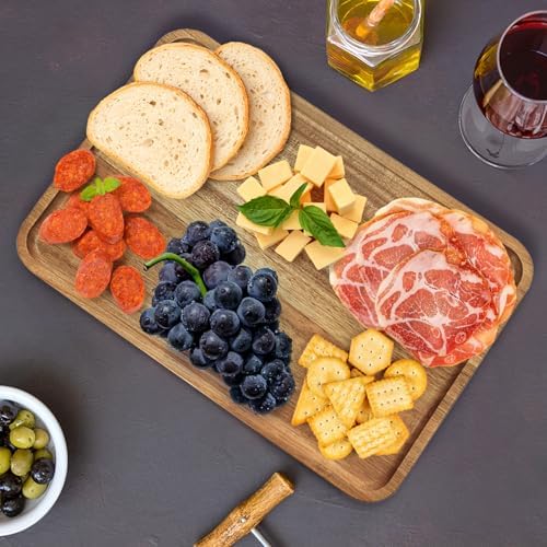 YOUEON Set of 2 Acacia Wood Serving Tray with Raised Edge, 14.2 x 9.5 Inch Rectangular Serving Tray, Appetizer Cheese Plate, Sandwich Dessert Trays, Wood Plates for Food, Coffee, Fruit, Cookie