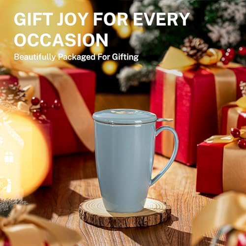 Sweese 15 OZ Porcelain Tea Mug with Infuser and Lid, Loose Leaf Tea Cup, Gifts for Tea Lover, Bluish Grey
