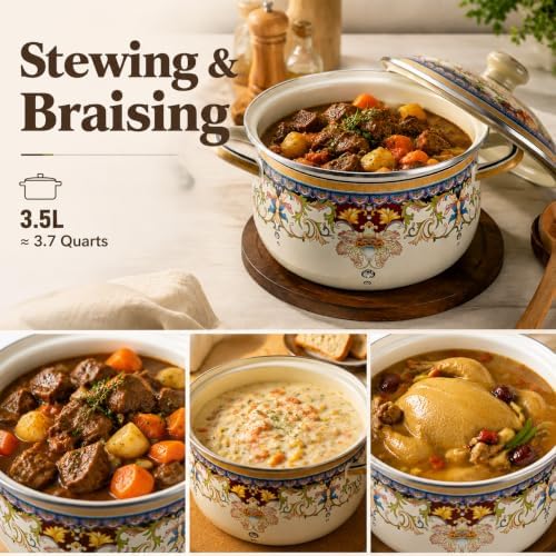 ZENFUN Kitchen Enamel Stockpot with Lid, 3.7 Quart Vintage Nonstick Steamer Pot, Thicken Large Soup Pot with Handles Retro Flower Cooking Stew Bean Pot, Safe for Induction Cookers