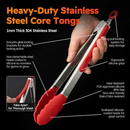 HST Non Stick Silicone Kitchen Tongs, 3 Pack 12 Inch Red BBQ Cooking Baking