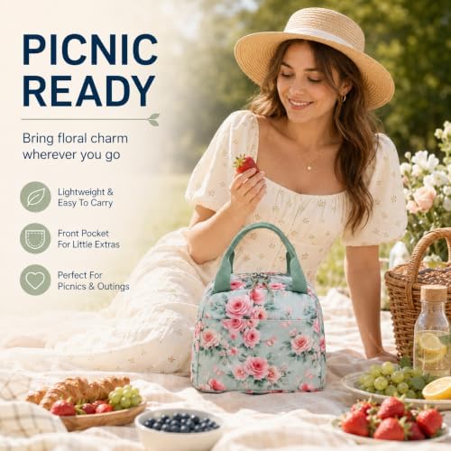 Bluboon Lunch Box for Women Cute Lunch Bag Reusable Insulated Lunch Bags Large Capacity Lunchbox Cooler for Work Picnic or Travel Gifts (Pink Rose Bow 282, 10 x 7.5 x 8 inches)