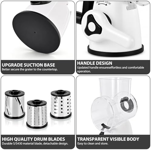 SUSTEAS Rotary Cheese Grater, Cheese Shredder with 3 Interchangeable Blades
