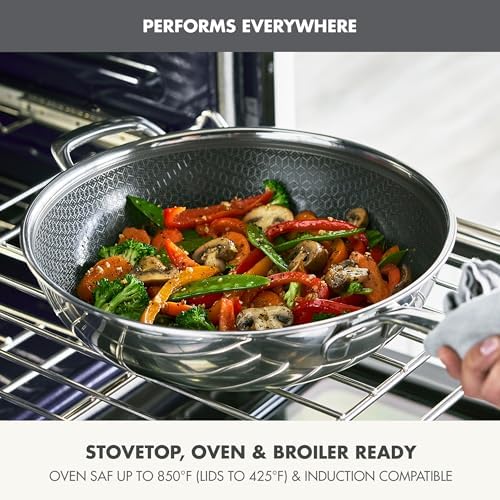 GreenPan Spectra 12" Wok Pan with Lid, Hybrid Tri-Ply Stainless Steel, PFAS-Free Ceramic Nonstick Textured Cooking Surface, Induction Cookware, Dishwasher Safe, Oven & Broiler Temp to 850˚F