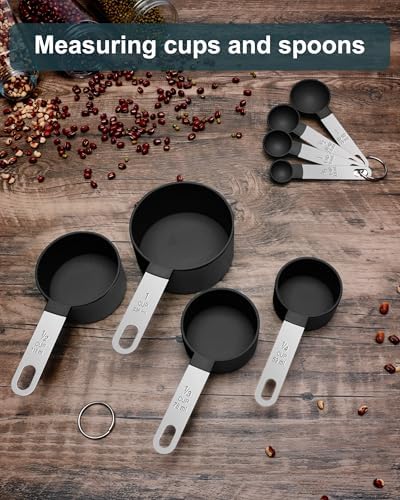 Measuring Cups and Spoons Set of 8 Pieces, nesting measuring cups for Measuring Dry or Liquid Ingredients, Stainless Steel Handle, Kitchen Gadgets for Cooking & Baking (Black)