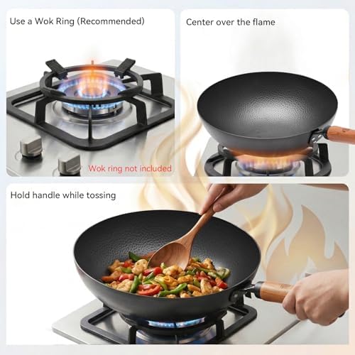 WANGYUANJI 11 Inch Round Bottom Iron Wok, Hand-Hammered Uncoated Wok with Wooden Handle, Traditional Stir-Fry Pan for Gas Stove or Wok Ring, Not for Flat Cooktops