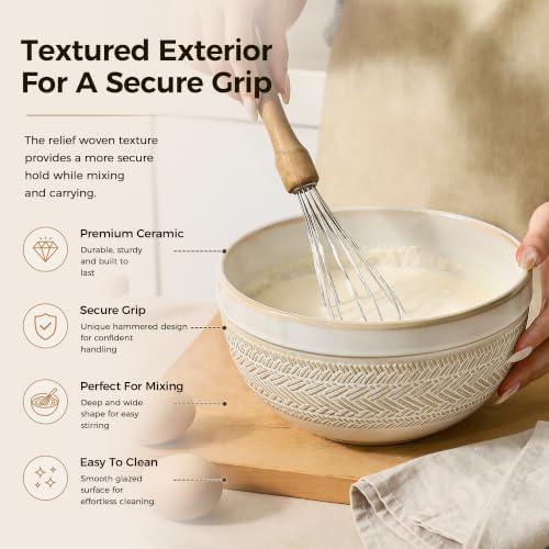 Ceramic Mixing Bowls Set of 3, Large Nesting Serving Bowls