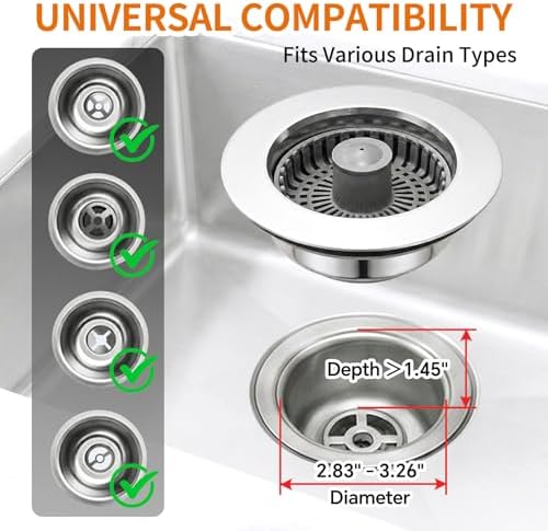 Kitchen Sink Stopper, 3 in 1 Pop Up Kitchen Sink Drain Strainer, with an Extra Basket Strainer, Sink Drain Stopper for US Standard 3-1/2 Inch, Brass Material Electroplate (Silver 2pcs)