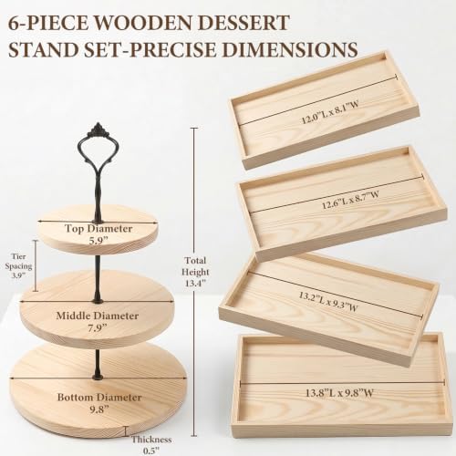 6pcs Wooden Dessert Table Display Set, 3 Tier Cupcake Stand Set with Serving Trays, Rustic Dessert Display Stand, Cake Stand Set for Wedding Dessert Table, Birthday, Baby Shower, Party Food Display, Home Decor