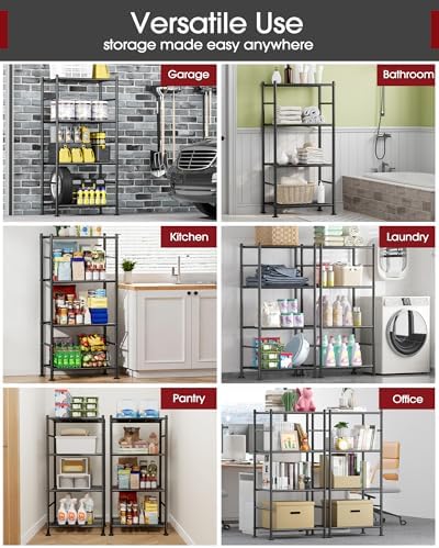 Sakugi 4-Tier Metal Storage Shelves Adjustable Feet, 18"x12"x44", Black