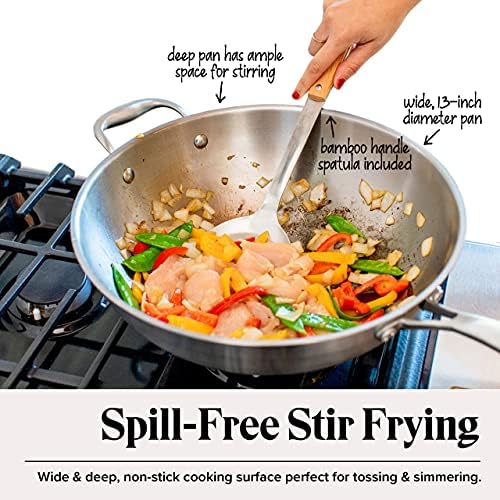 Willow & Everett Stainless Steel Flat Bottom Wok Pan, Professional Traditional Stir Fry Cookware w/Domed Lid & Spatula, Low Maintenance Rust & Scratch Resistant for Induction Gas Electric Stove Top
