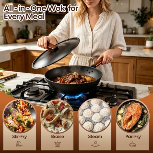 AOSION 13'' Carbon Steel Wok, 12 Piece Wok Pan & Stir-Fry Pans Set with Lid