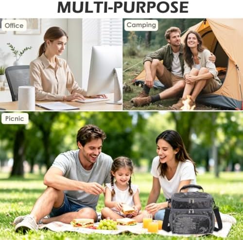 FlowFly Double Layer Cooler Insulated Lunch Bag Adult Lunch Box Large Tote Bag for Men, Women, With Adjustable Strap,Front Pocket and Dual Large Mesh Side Pockets