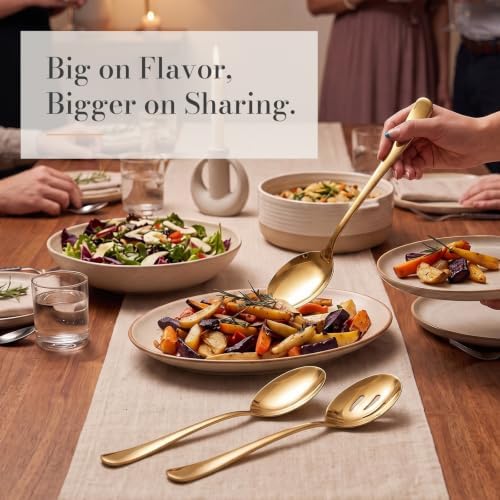 10-Inch Large Serving Spoons Set 6 PCS 3 Solid & 3 Slotted,Gold