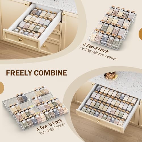 PanPanPal Spice Drawer Organizer, 4 Pack Clear Seasoning Organizer Rack