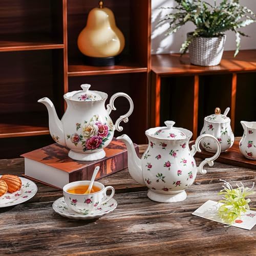 white ceramic floral teapot,35.5oz for tea party,vintage teapot for tea, floral tea (Little Rose, 35.5oz)
