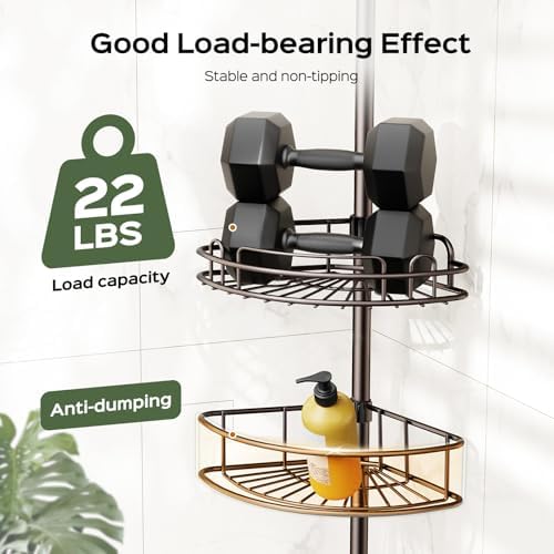 HAMITOR Corner Bathroom Organizer, 4-Tier Tension Pole Shower Caddy, Bronze