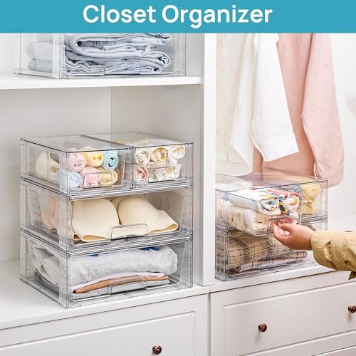 Vtopmart Clear Stackable Storage Drawers, 3 Pack Wide Organizer Set
