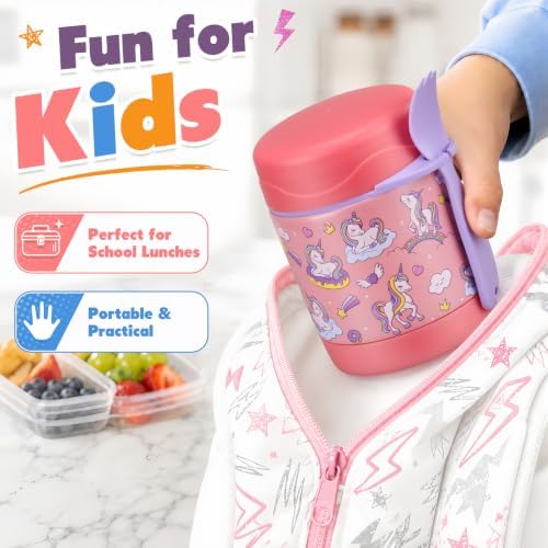 10oz Soup Thermo for Hot Food Kids,Lunch Thermo Kids Food Jar with Spoon Hot Insulated Food Containers,Leak Proof Stainless Steel Wide Mouth Lunch Thermo Jar for School(Pink-Unique Horse)