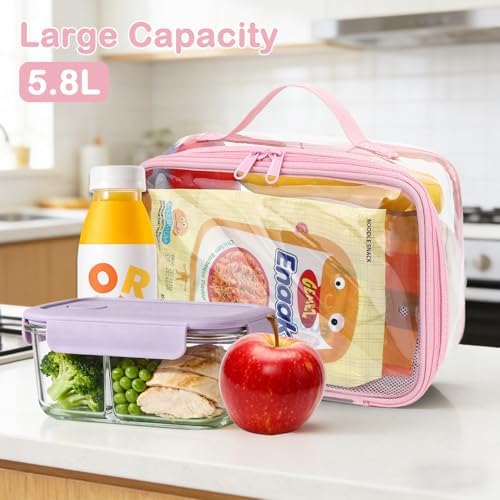 FlowFly Kids Lunch box Insulated Soft Bag Mini Cooler Back to School Thermal Meal Tote Kit for Girls, Boys,ClearPink